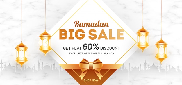 Vector ramadan big sale header or banner template design with 60% discount offer