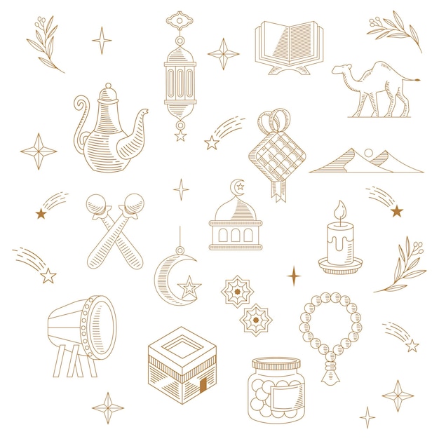 Ramadan brown line vector icons set