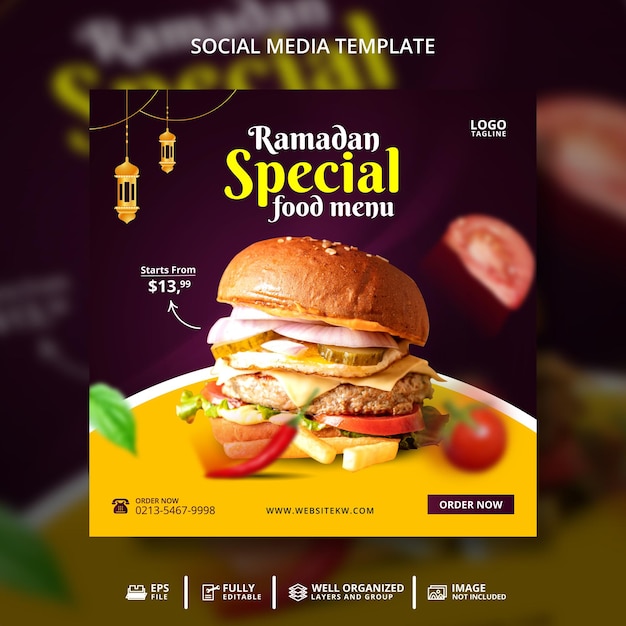 Vettore modello di banner per post sui social media per menu di hamburger e cibo ramadan