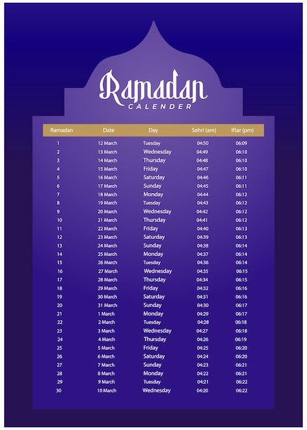 Vettore calendario del ramadan 2024 con i tempi della preghiera nel ramadan ramadan schedule design vettoriale