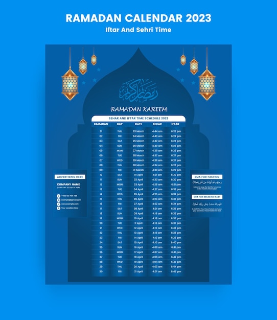 Vector ramadan calendar iftar and sahri time schedule 2023