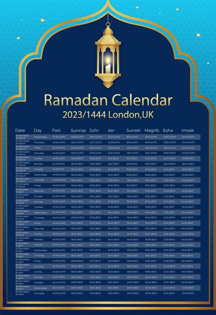 Vettore un calendario ramadan con sfondo blu e finiture dorate.