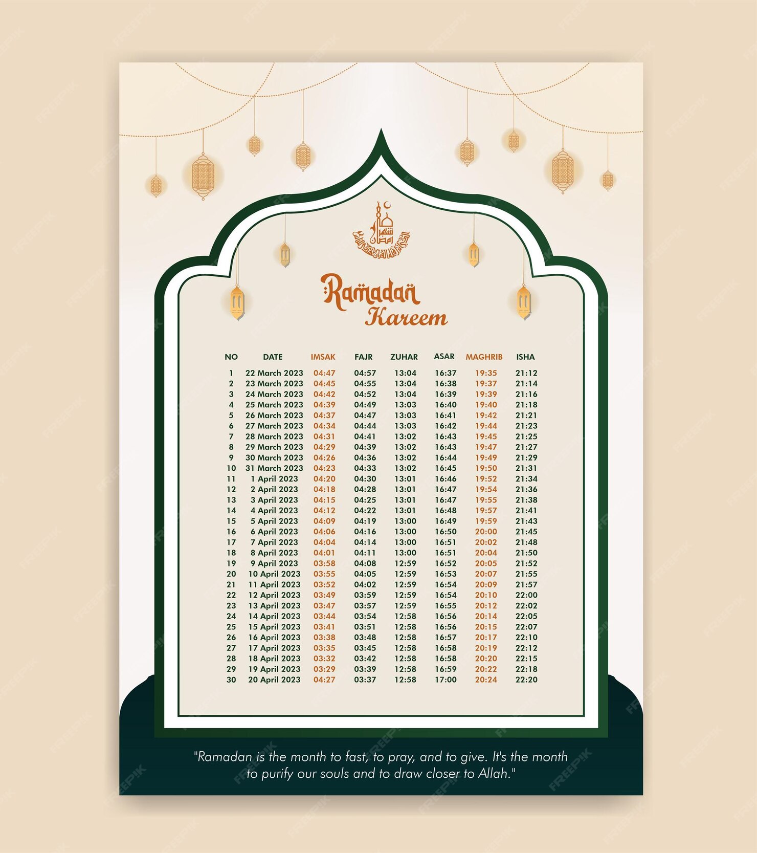 Premium Vector Ramadan Calender 2023 With Prayer times in Ramadan