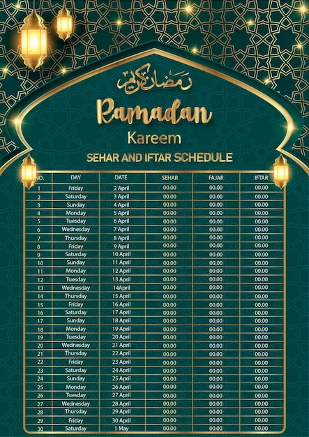 Vettore calendario del ramadan e calendario iftar e sehar