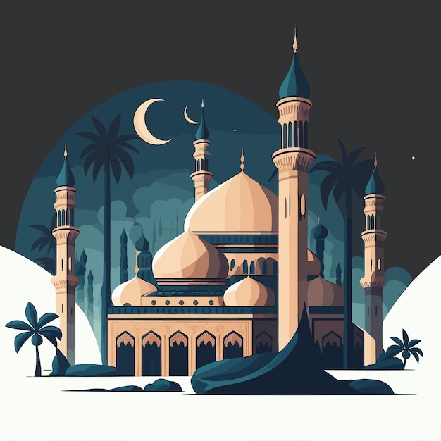 Vector ramadan cartoon illustration of a mosque with palm trees and moon