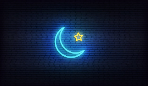 Ramadan crescent moon neon. luna blu incandescente e segno islamico stella d'oro giallo