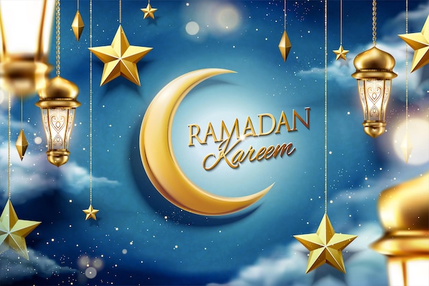 Ramadan design magico cielo notturno con stelle dorate pendenti e fanoos