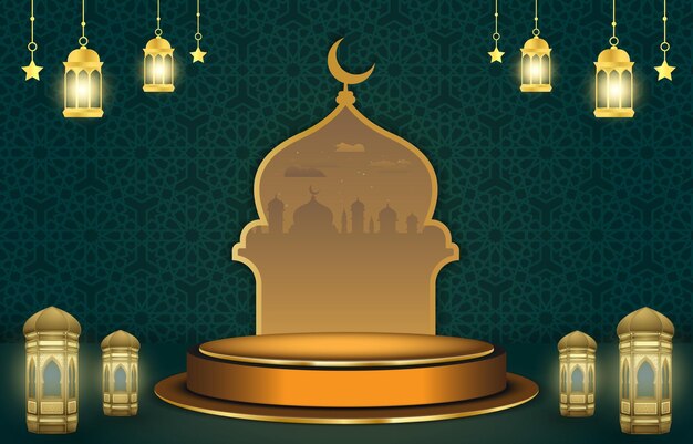 Vector ramadan discount sale sjabloon banner met kopieerruimte 3d podium voor productverkoop met abstract gradiënt groen en gouden achtergrondontwerp 1