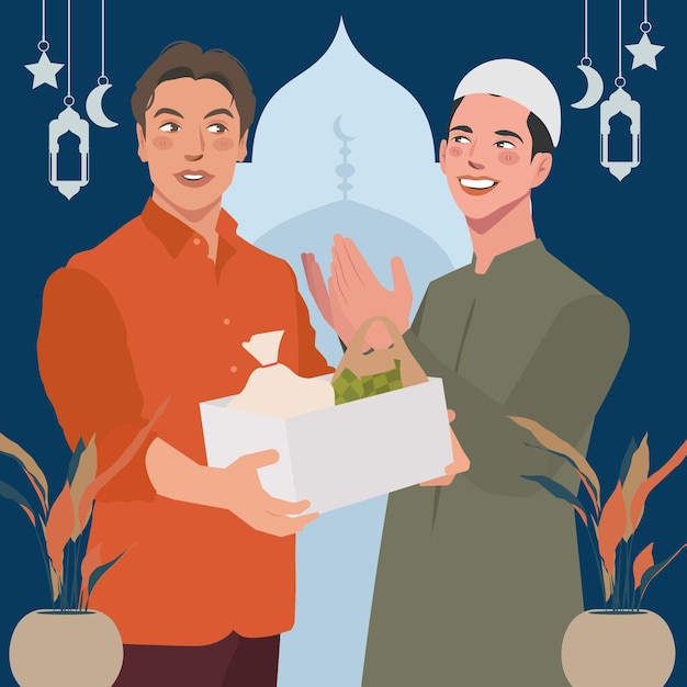 Vector ramadan eid mubarak men zakat giving illutsration