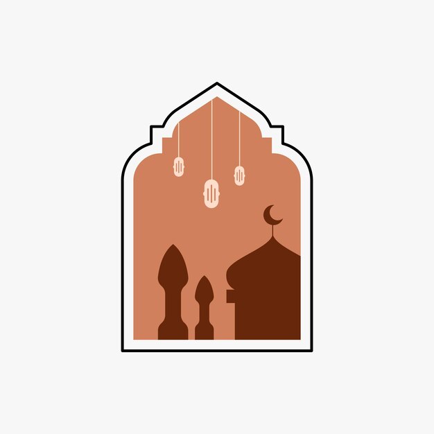 Ramadan Eid Mubarak post art met Boho boog Modern Islamitisch patroon Kaart met Arabische moskeetorens en maan Religieuze feestdag Nachtlandschap