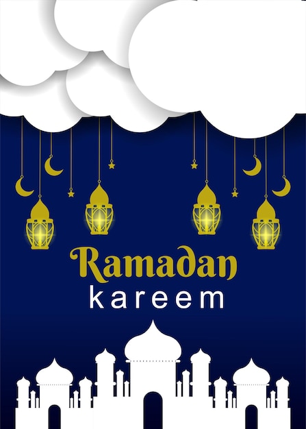 Ramadan fasting month greeting card design Islamic poster design with lanterns clouds and mosques