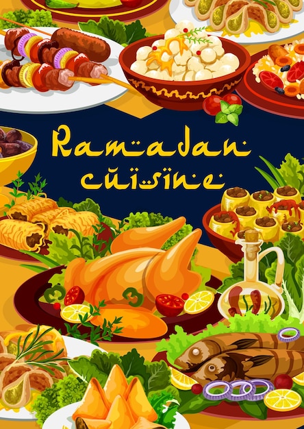 Vettore cibo del ramadan iftar eid mubarak pasti della cucina islamica