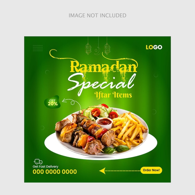 Vettore post sui social media sulla vendita di cibo per il ramadan design del banner del ristorante con un design del post modificabile