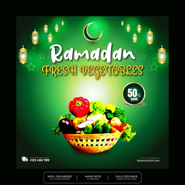 Modello instagram di progettazione di post sui social media di cibo vegetale fresco ramadan