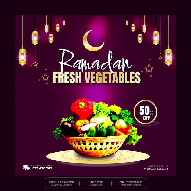 Vettore modello instagram di progettazione di post sui social media di cibo vegetale fresco ramadan