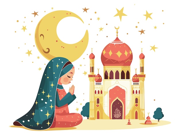 Ramadan gebed illustratie met maan en moskee