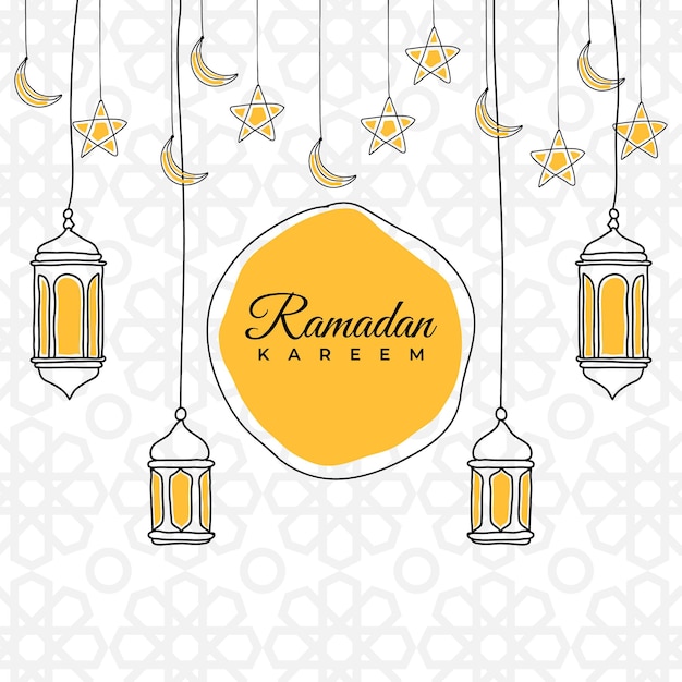 Ramadan greeting card or banner background Hand drawn lanterns moon and stars Ramadan Kareem