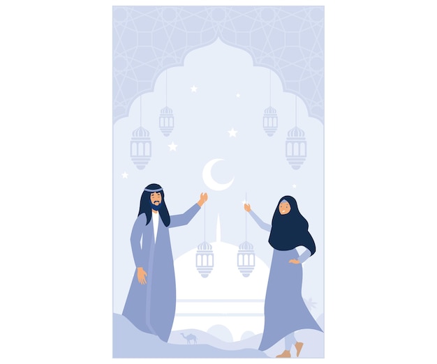 Vettore biglietto di auguri ramadan bambini musulmani che tengono lanterna con luna crescente e stelle vettore piatto moderno