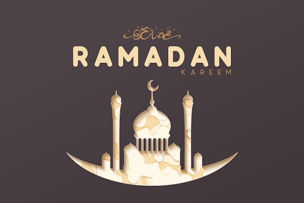 Поздравительная открытка Рамадана с арабской каллиграфией Рамадан Карим. Исламский фон полмесяца с мечетями