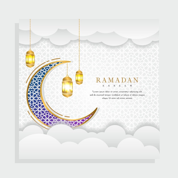 Vector ramadan greeting card with a crescent moon and hanging lights.