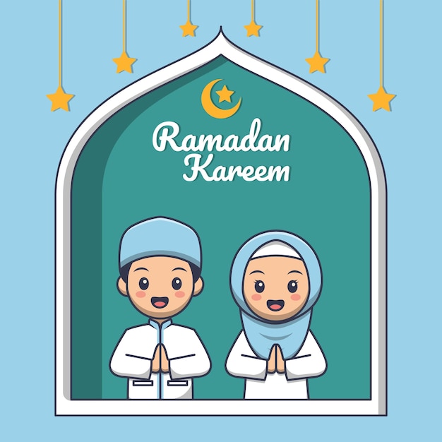 Cartolina d'auguri di ramadan con bambini musulmani simpatico cartone animato