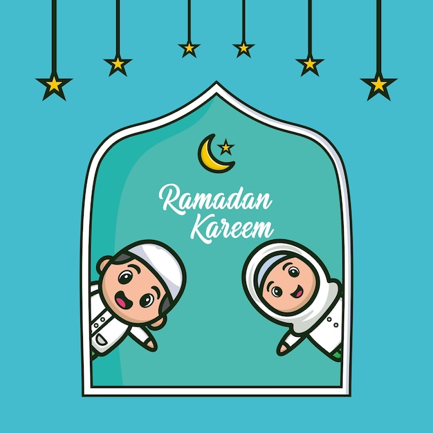 Ramadan greeting card with cute cartoon muslim