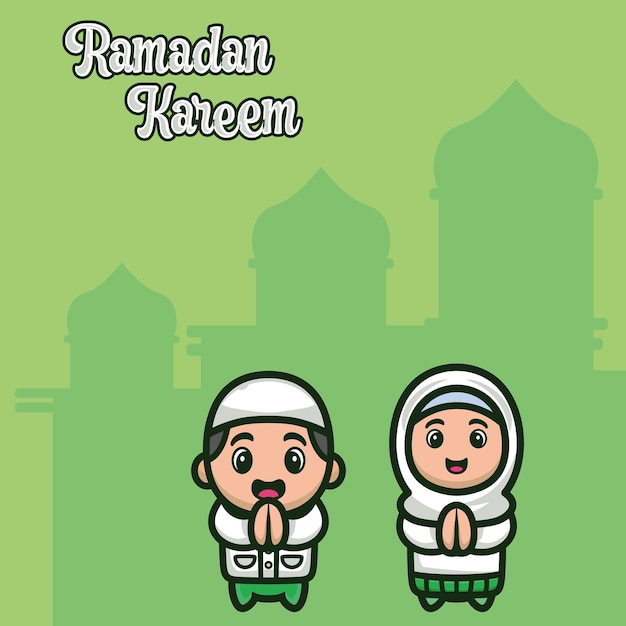 Ramadan greeting card with cute cartoon muslim