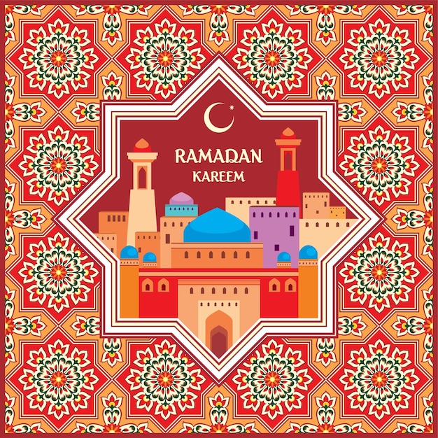 Vector ramadan greeting card with the image of the ancient middle eastern town with mosques