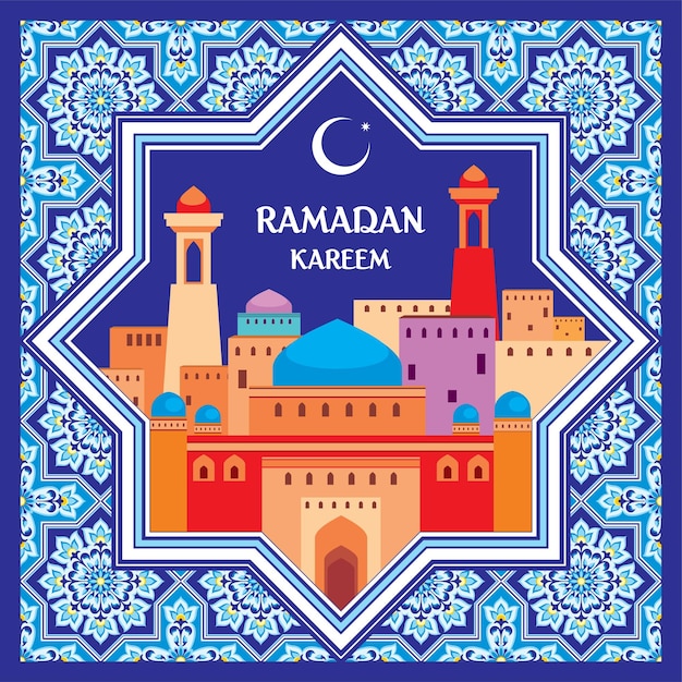 Vector ramadan greeting card with the image of the ancient middle eastern town with mosques