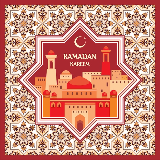 Ramadan greeting card with mosques and minarets decorated by a pattern in Mauritian style