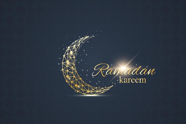 Ramadan groeten achtergrond. Luxe gouden oplossingen ontwerp. Gouden maan gemaakt van verbonden lijn en punten. Ramadan kareem-groet. Zwarte achtergrond. Vector illustratie.