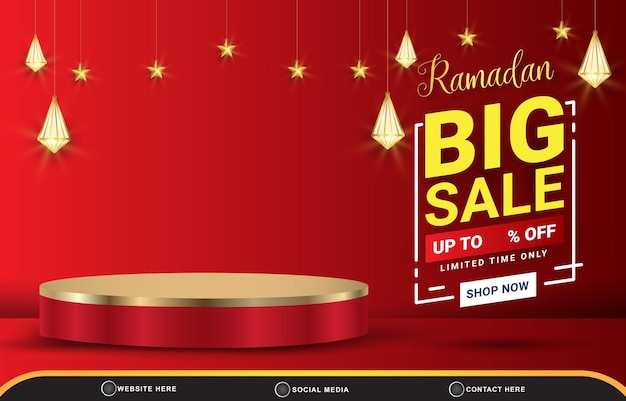 Ramadan grote verkoop korting sjabloon banner met kopie ruimte 3d podium voor productverkoop met abstract gradiënt rood achtergrondontwerp