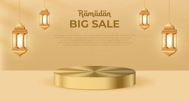 Ramadan grote verkoop promotie poster banner met een podium voor display product Realistische Ramadan Kareem verkoop Banner met 3D Podium Vector illustratie