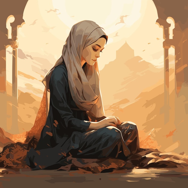Vettore ramadan hijab ragazza famiglia musulmana cultura islamica pregare recitazione al corano