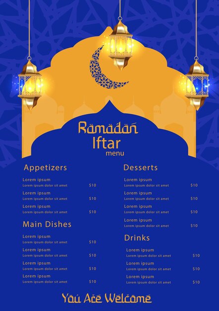 Vettore modello di menu per la festa di iftar del ramadan