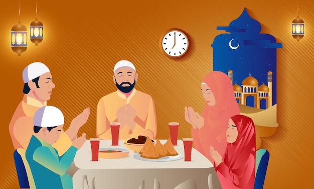 Vector ramadan iftar time with family prayers vector design