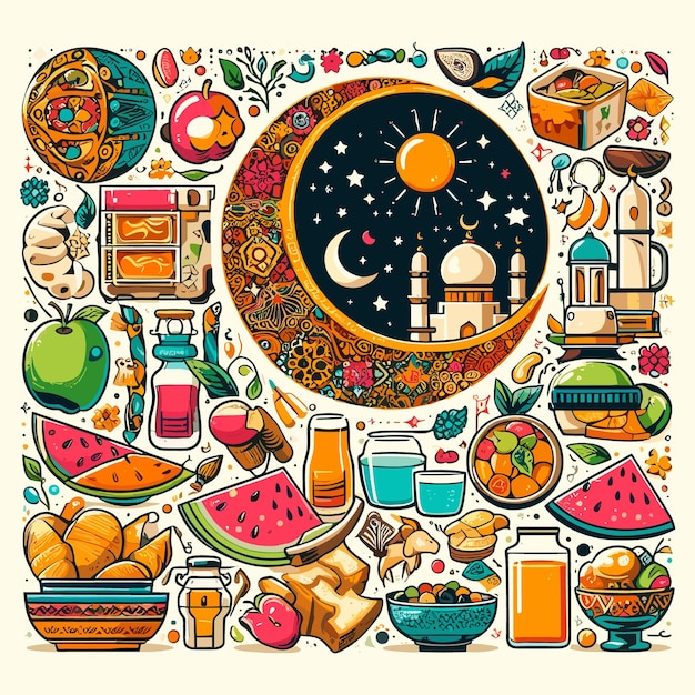 Ramadan Iftar voedsel vector illustratie Ramadan Mubarak.