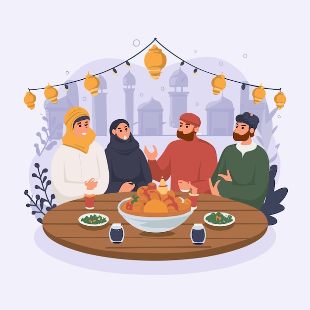 Vector ramadan iftar with people having a meal