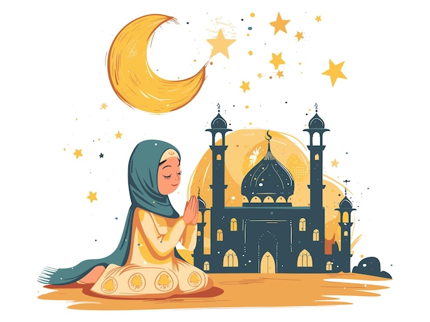 Vector ramadan illustration of a woman praying in front of mosque