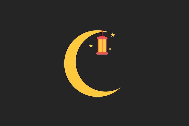 Vector ramadan illustration yellow moon with lantern at night and stars around