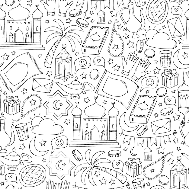 Ramadan islam seamless pattern with doodles