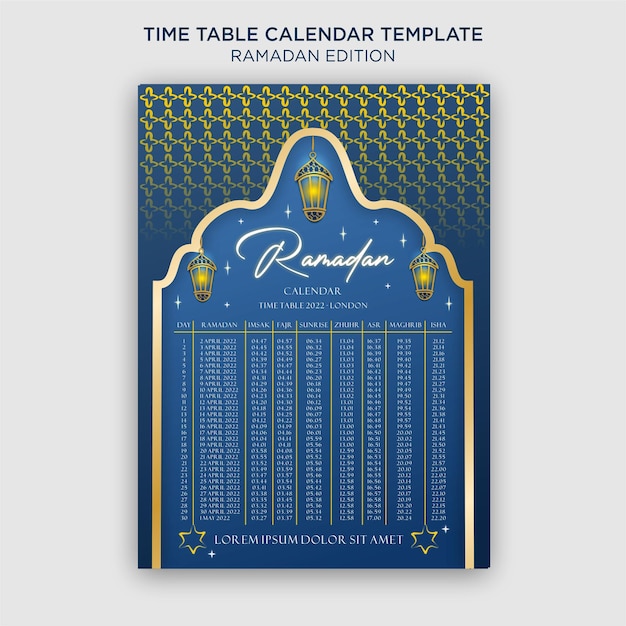 Ramadan-kalender met iftar-tijdschematabel premium vector