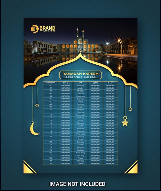 Ramadan-kalender met sehri en iftar-tijdschematabel