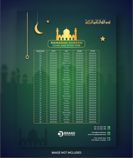 Ramadan-kalender met sehri en iftar-tijdschematabel