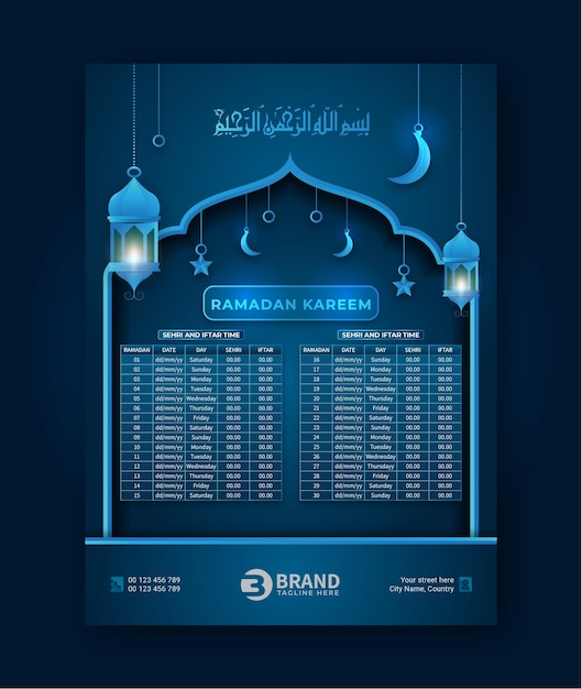 Ramadan-kalender met sehri en iftar-tijdschematabel