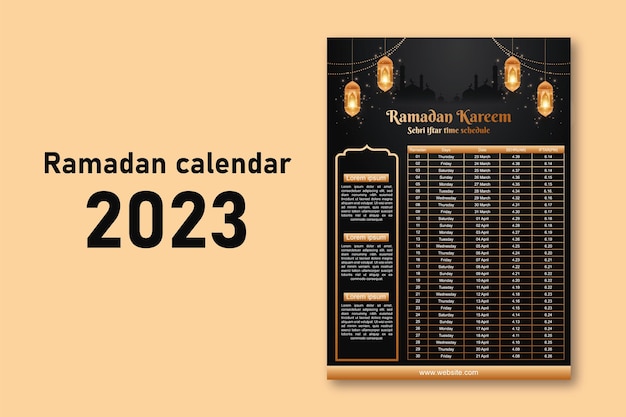 Vector ramadan kareem 2023 islamic calendar template and sehri ifter time schedule