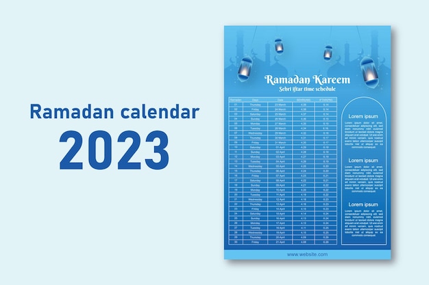 Modello di calendario islamico ramadan kareem 2023 e calendario sehri ifter