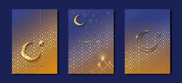 Ramadan Kareem 2023 vector set wenskaart Gouden halve maan op blauwe achtergrond Gouden vakantie