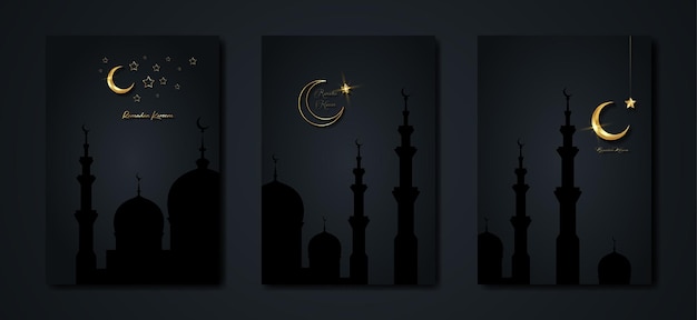 Ramadan Kareem 2023 vector set wenskaart Gouden halve maan op zwarte achtergrond