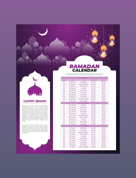 Ramadan kareem 2024 modello di calendario islamico e orario di sehri ifter